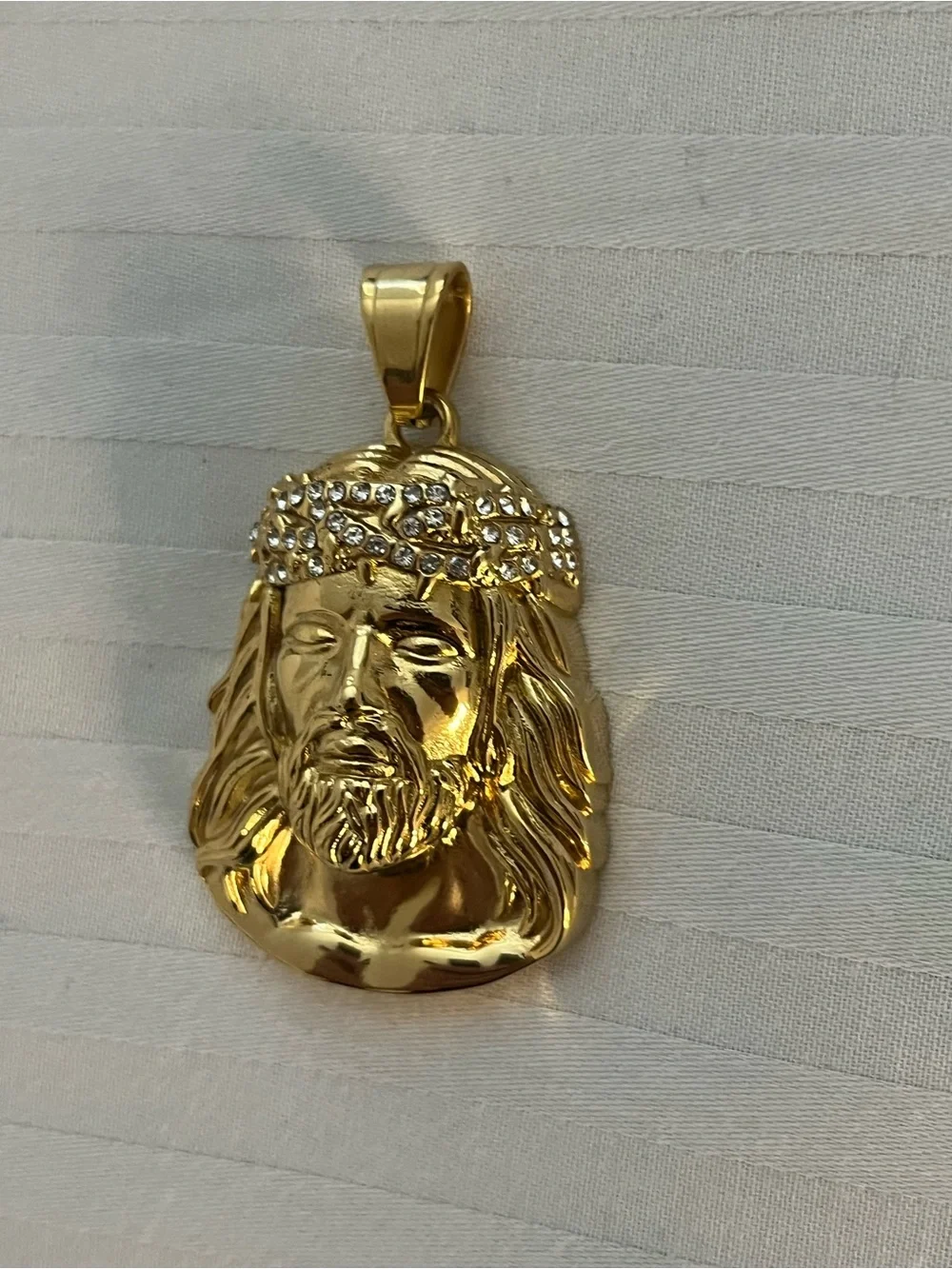 14K Gold Mens Jesus Head Pendant Stainless Steel Iced Out Simulated Diamonds Lux